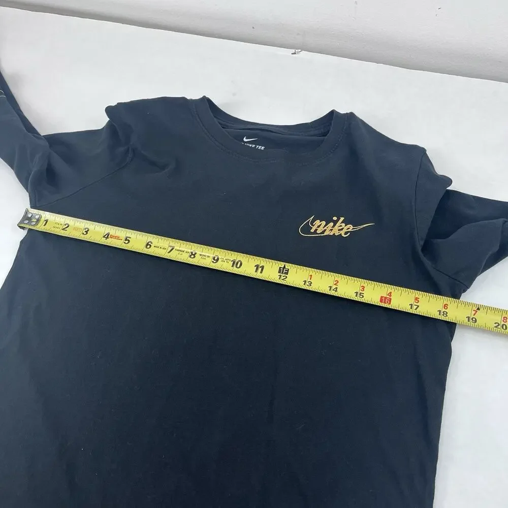 Nike Black long-sleeve t-shirt featuring metallic gold script logos Size Medium